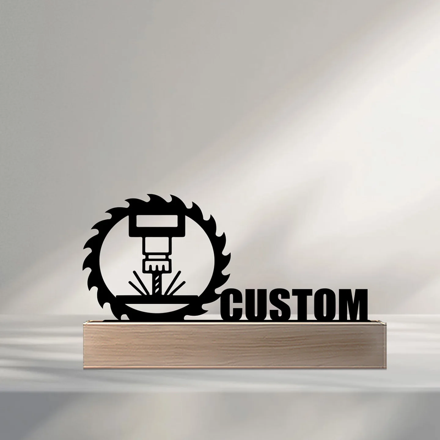 1pc Simple Electric drill and gears Custom Name Metal Statue With Wood Base Iron Ornament Metal Sculpture With Wood Base