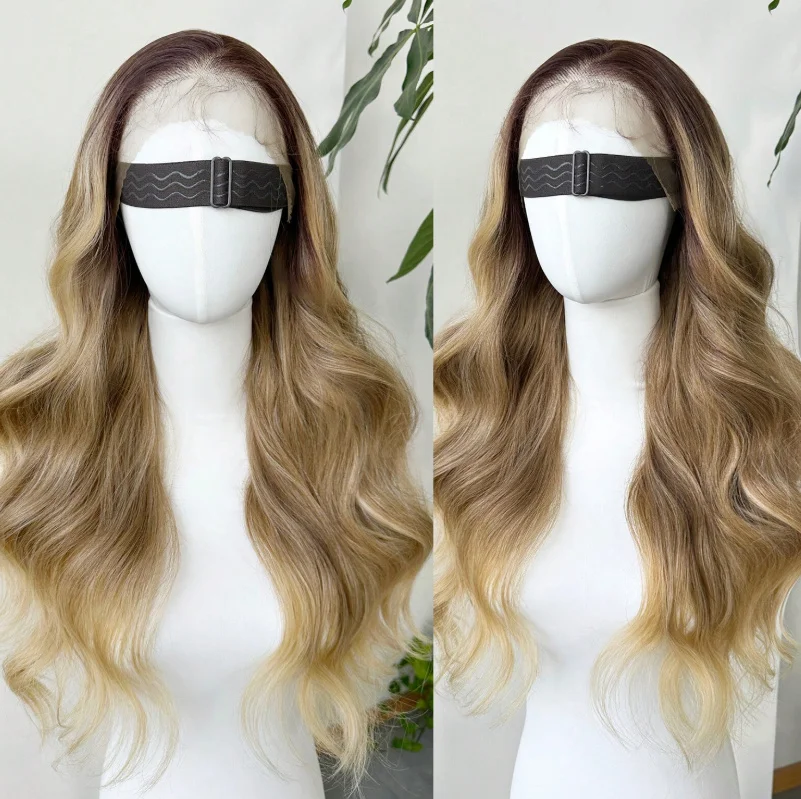 Long Wavy Blonde Brown Highlighted Synthetic Lace Front Wig Ombre with Dark Roots High Quality Glueless for Women