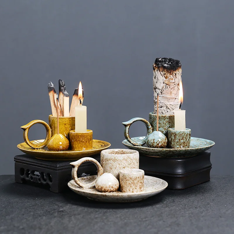 مبخرة 4 في 1، حامل سيج بالو سانتو، حامل عصا البخور، حامل شموع، مبخرة سيراميك لغرفة المعيشة والتأمل