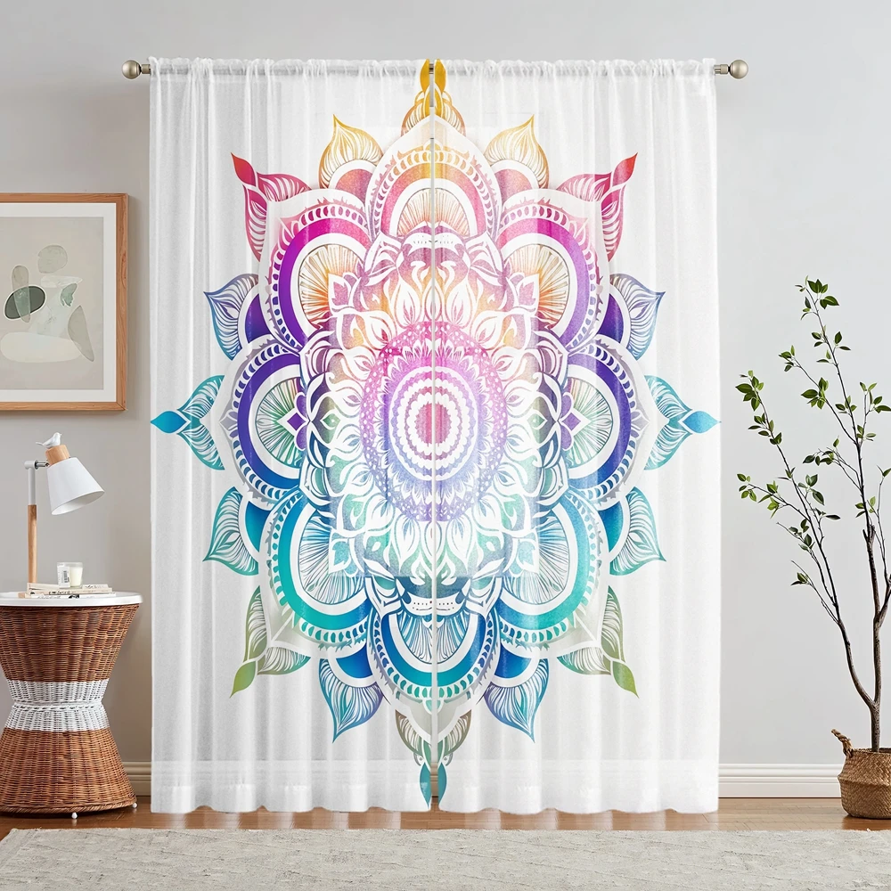 2 Pieces HD Digital Mandala Floral Printed Window Screen Home Decorating Style Decorative Living Room Bedroom Rodding Curtain Ef