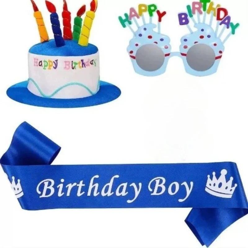 Plush Cake Hat with Candles Fun Sunglasses Rosette Badge Satin Sash Perfect for Birthday Photoshoot Party Decor