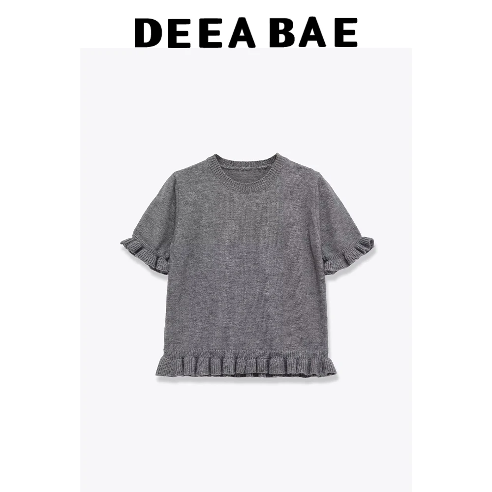 DEEABAE 2025 invierno nueva mujer Casual Simple cuello redondo manga corta apilado camisa de punto decorativa