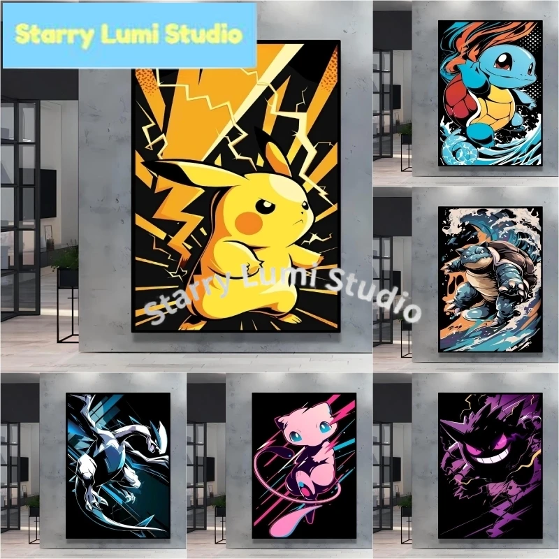 Pinturas decorativas de pared con temática de Pokémon, personajes de dibujos animados bonitos, Pikachu, colores brillantes y claros, carteles decorativos para el hogar y el dormitorio