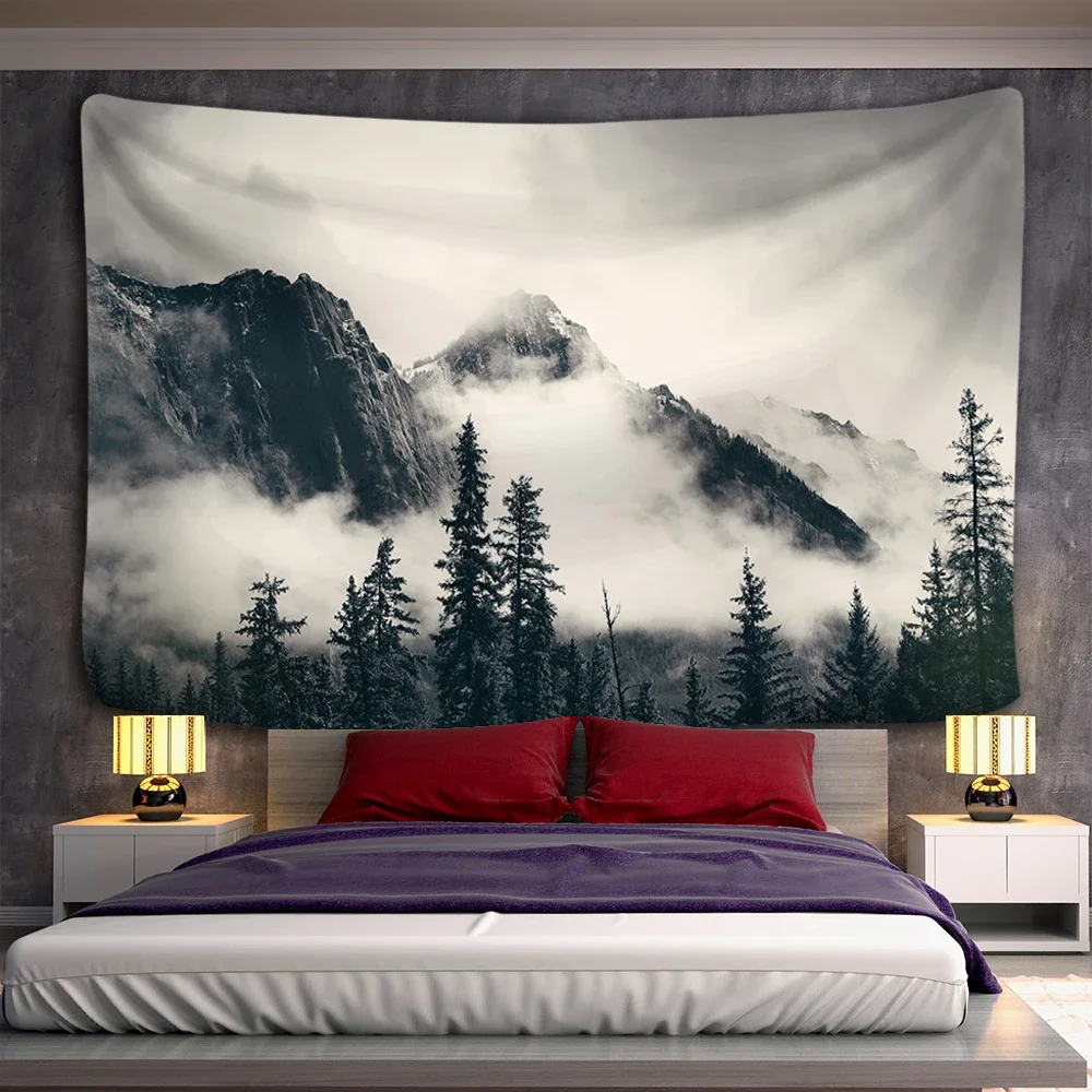 Mountains Psychedelic Tapestry Forest landscape Starry Sky Tapestries Wall Hanging Village Dorm Blanket Personalized Wall Cloth