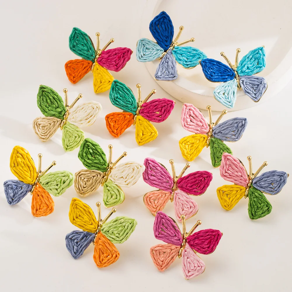 Colorful woven handcrafted lafite stud earrings small fresh butterfly earrings small versatile holiday earrings