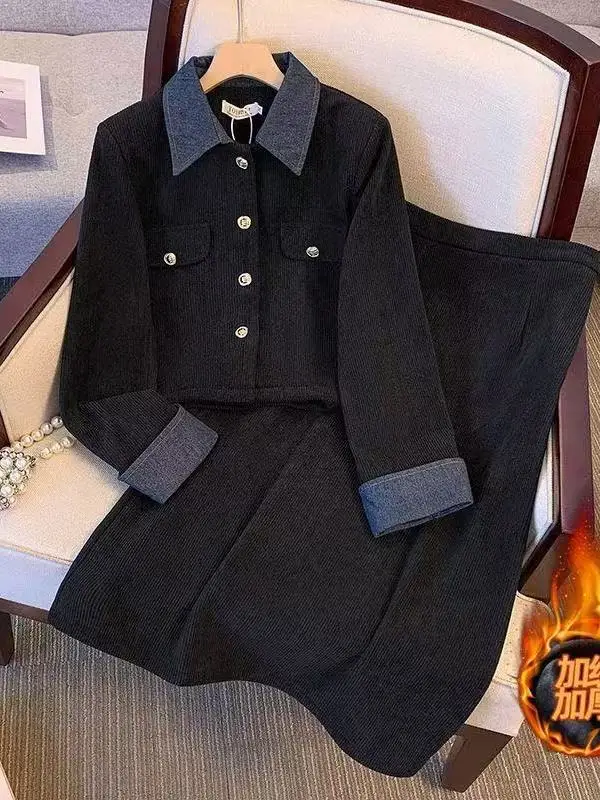 plus Size Winter Outfit Fleece Lined Loose  Collar Jacket High Waist A-Line Skirt Two Piece Set for plus Size Women