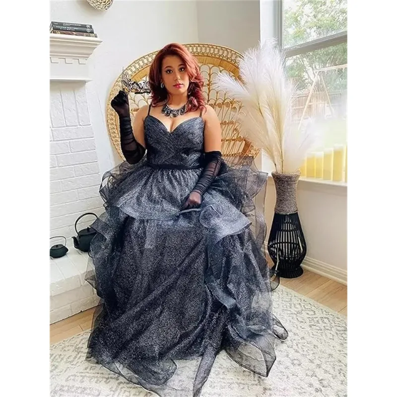 Sukienki balowe z tiulu z brokatem na ramiączkach spaghetti dla kobiet, bufiaste, warstwowe suknie wieczorowe na formalne okazje.