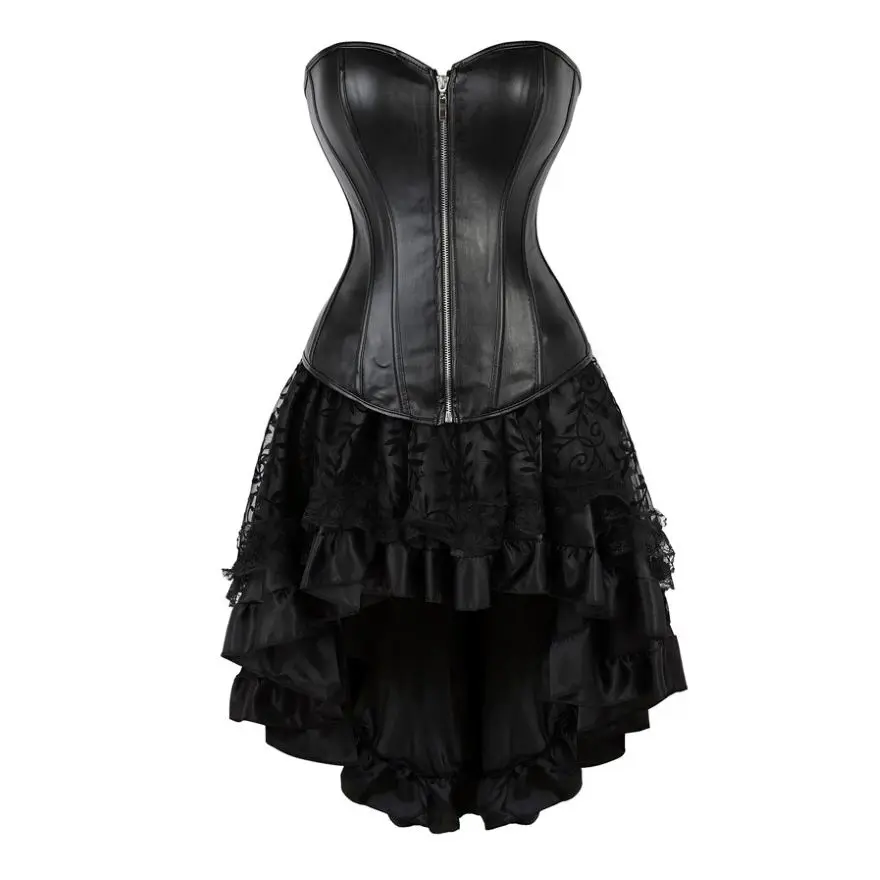 

Punk Style Leather Overbust Corset Bustier Top Asymmetrical Floral Lace Skirt Burlesque Pirate Costume Plus Size