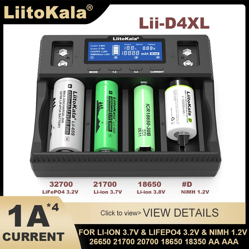 Liitokala Lii-D4XL Battery Charger 18650 3.7V 18350 18500 21700 26650 1.2V AA AAA D NiMH 3.2V 32700 LiFePO4 9V Charger