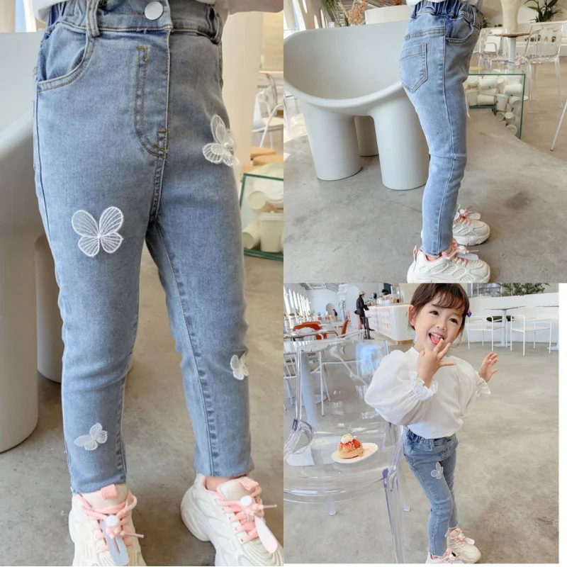 

Hnq-Girls' Stretch Slim Jeans Autumn Children's Bow Trousers Crawler3-8Children's Clothing One Piece Dropshipping