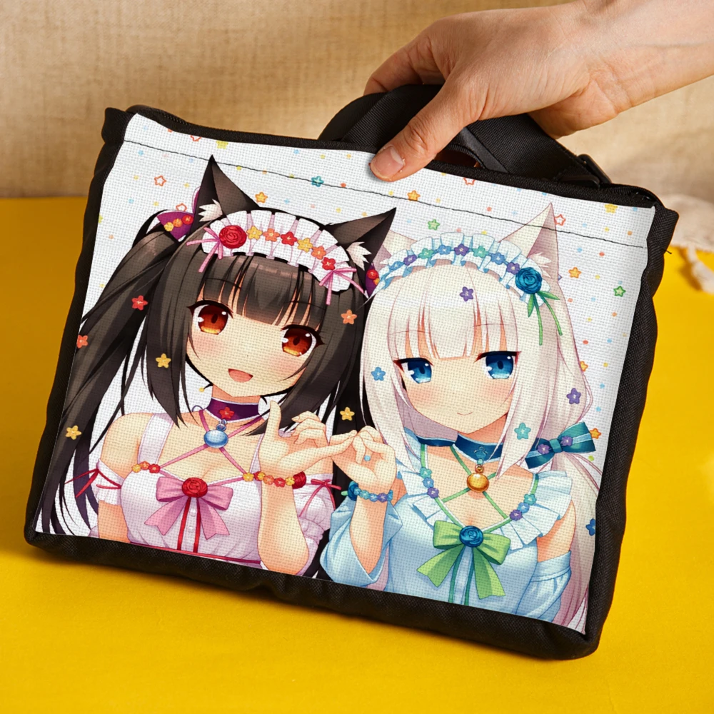 Umhängetasche mit Anime-Aufdruck, weiß, zwei süße Mädchen mit Katzenohren und Blumen, Umhängetaschen für Damen und Mädchen, Schule, Reisen, täglicher Gebrauch