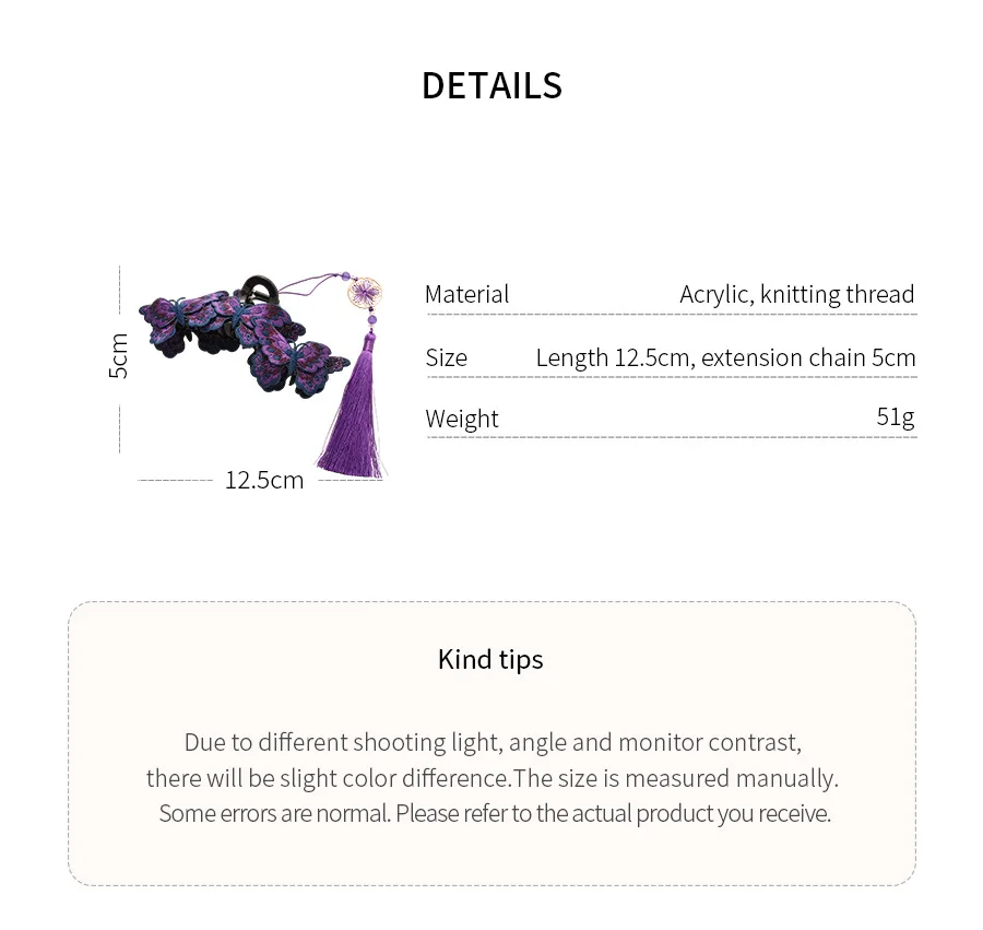 New Chinese Style Blue Embroidery Butterfly Hair Claws Women's Purple Long Flower Tassel Shark Clips Retro Cheongsam Headwear M view 6