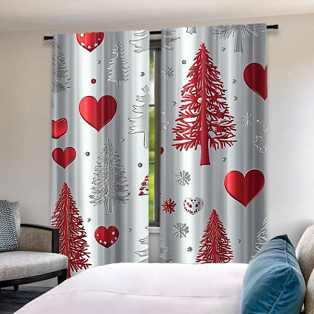 2Pcs Christmas Trees Curtain Red Grey Xmas Tree Merry Christmas Hallp New Year Decorations Suitable For Living Room Bedroom