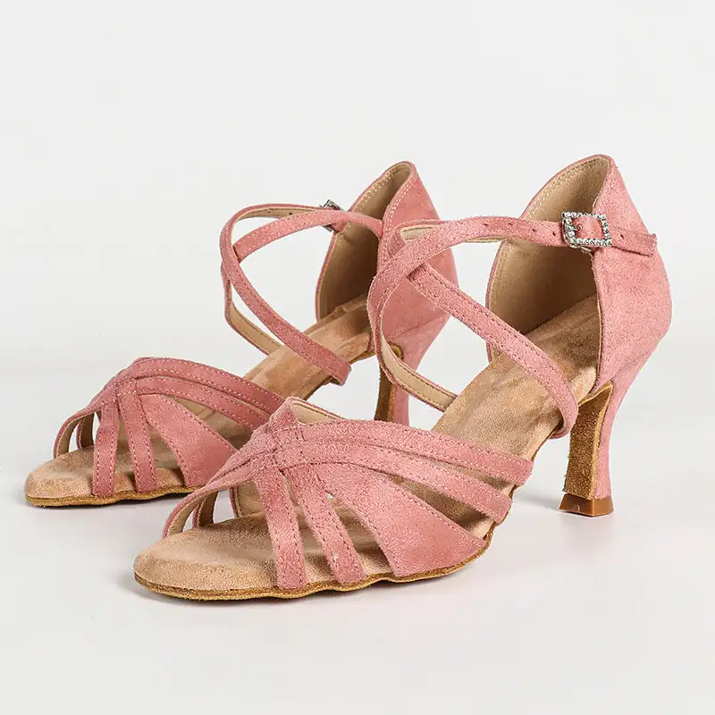 Evk Women Denim Latin Dance Sandals Cross‑Strap Adjustable Buckle 9cm Flared Heel Salsa Ballroom Tango Shoes Girls Party Dancing
