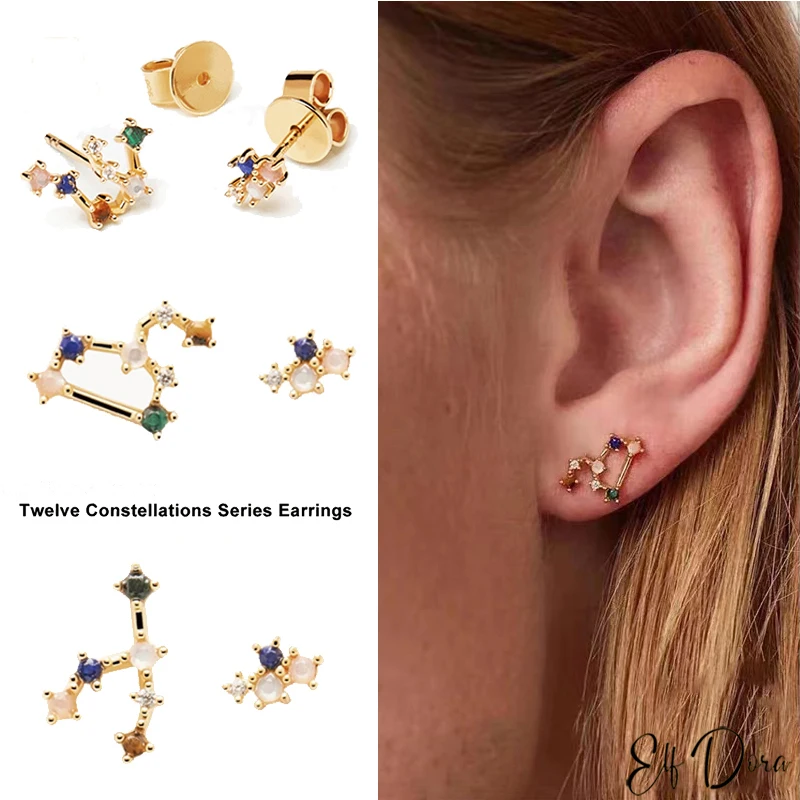 Twelve Constellations Series Earrings 925 Sterling Silver Luxury Fashion Colorful Zircon Earrings Women's Jewelry Party Gifts