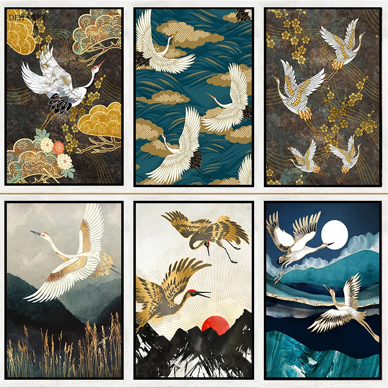 

Chinese Style Nature Golden Crane Art Canvas Painting Posters Printing Abstract Animals Wall Art Pictures Living Room Home Decor