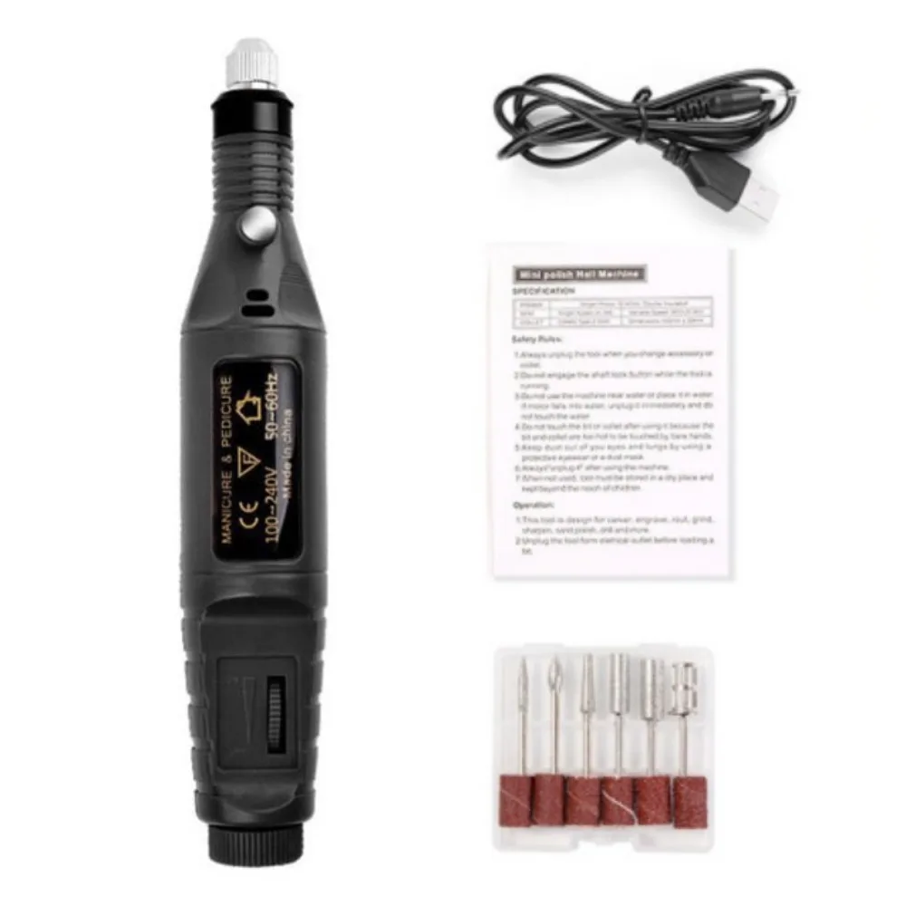 Set di levigatrici per unghie ad alta velocità Strumento portatile professionale per lucidare le unghie Rimozione della pelle morta con penna per levigatura da 6 punte da trapano