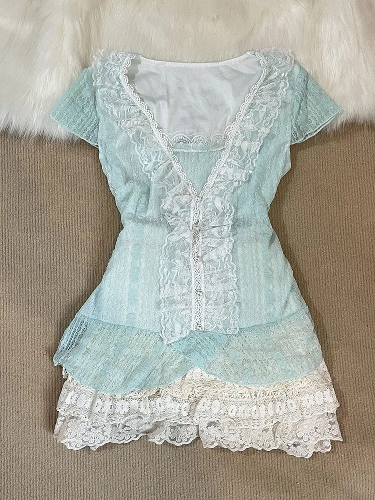 Gaun Pesta Lolita Renda Gotik Manis Ramping Punk Set 2 Potong Harajuku Gadis Populer Mode Korea Lengan Pendek Y2k 2000S Gaun Pesta Seksi