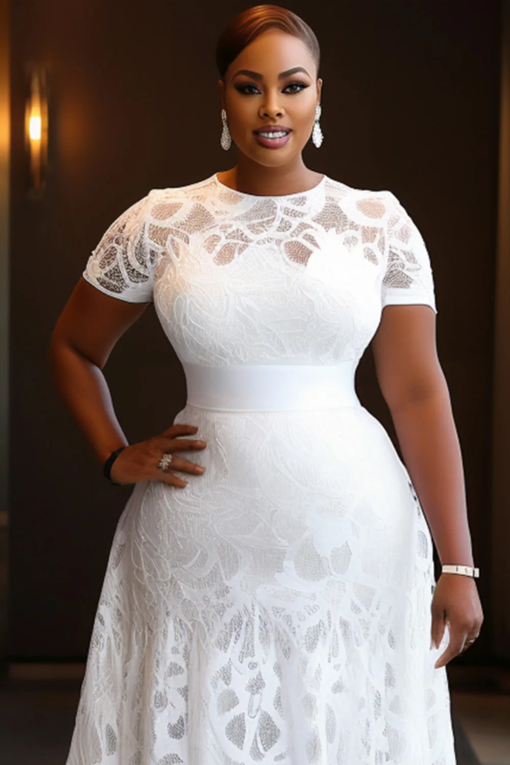 Plus Size Wedding White Round Neck Short Sleeve Elegant Guipure Lace Maxi Dresses
