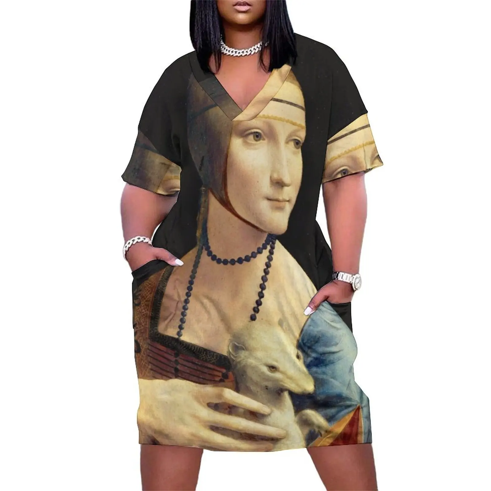 Lady with an Ermine by Leonardo da Vinci Loose Pocket Dress Summer women