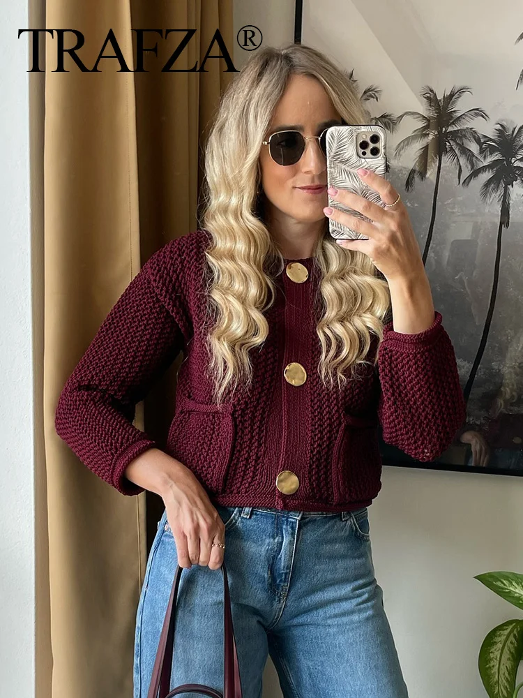 TRAFZA Autumn Women Elegant Burgundy Red Cardigan Fashion O Neck Long Sleeve Sweaters Office Lady Casual Crop Knitted Outerwear