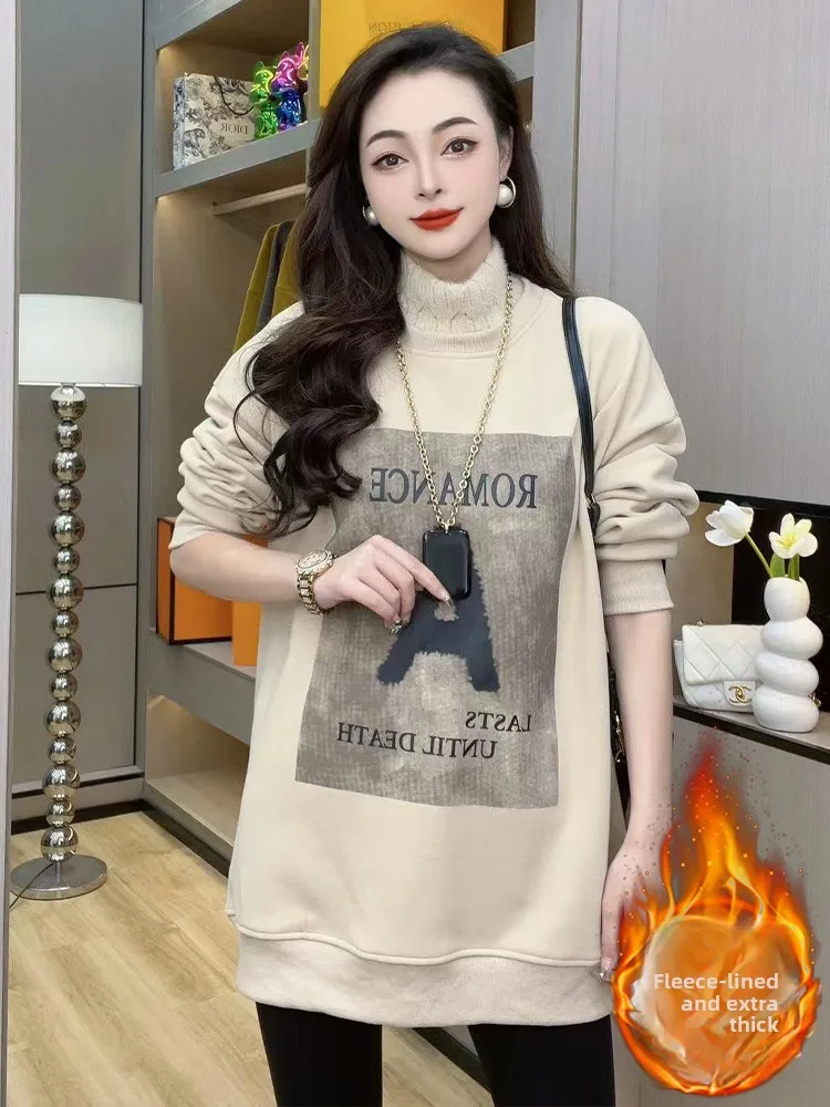 Ladies' Fce Lined Thiened round Ne Sweatirt Mid-Length Korean Sle Commute Wind Winter New Arrival Faionable Top