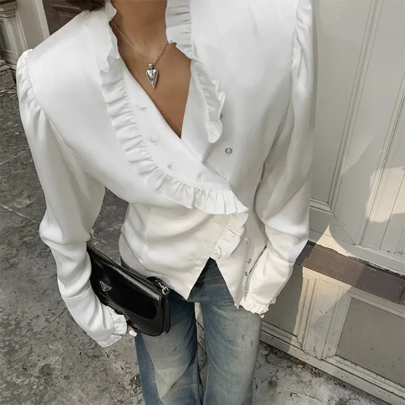 

Women's White Shirt Summer Ruffled Long Sleeve Cardigan Elegant Single Breasted Lapel Slim Top Casual Patchwork Blouses