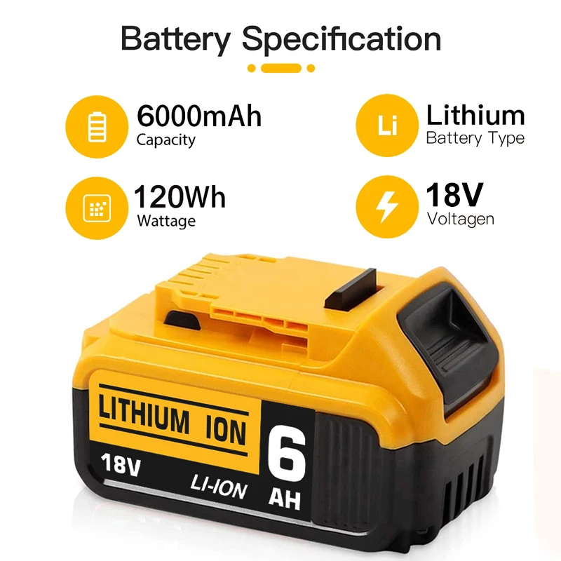 Batería de ion de litio de 6,0ah, repuesto para Dewalt de 18V, DCB180, DCB201, DCB204, DCB205, DCB206, DCB185, 20V
