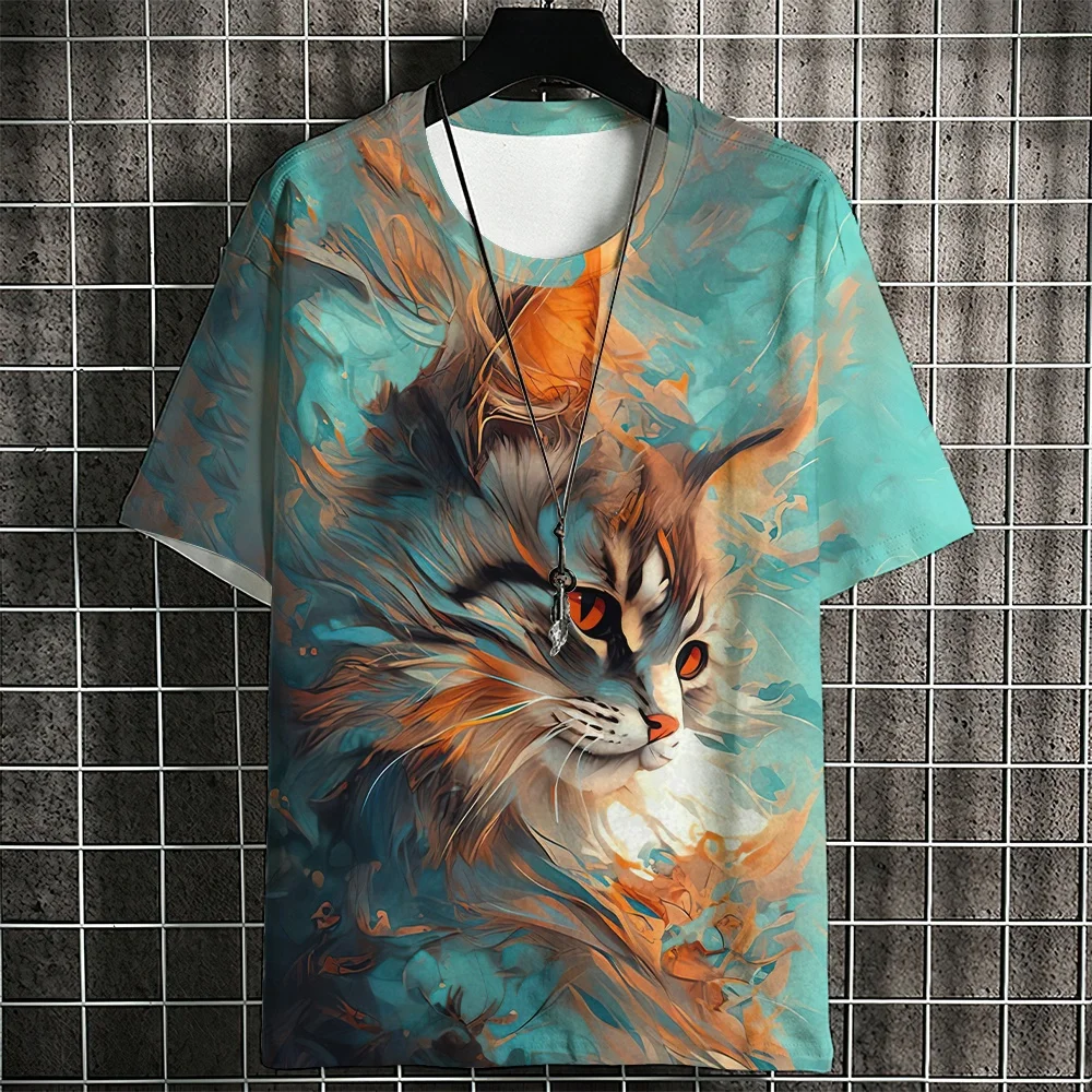 Samurai Cat T-Shirt for Men Summer Trendy Crew Neck Short Sleeve Tees Oversized Streetwear Casual Sweatshirt Male Clothing Tops