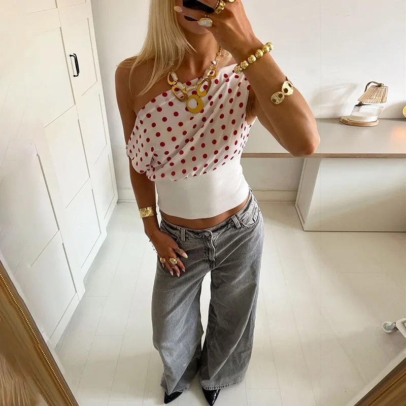 Weird Puss Polka Dots Print T-Shirts Women Summer Trend Skew Collar Off Shoulder Backless Street Fashion Trend Ruched Crop Tops