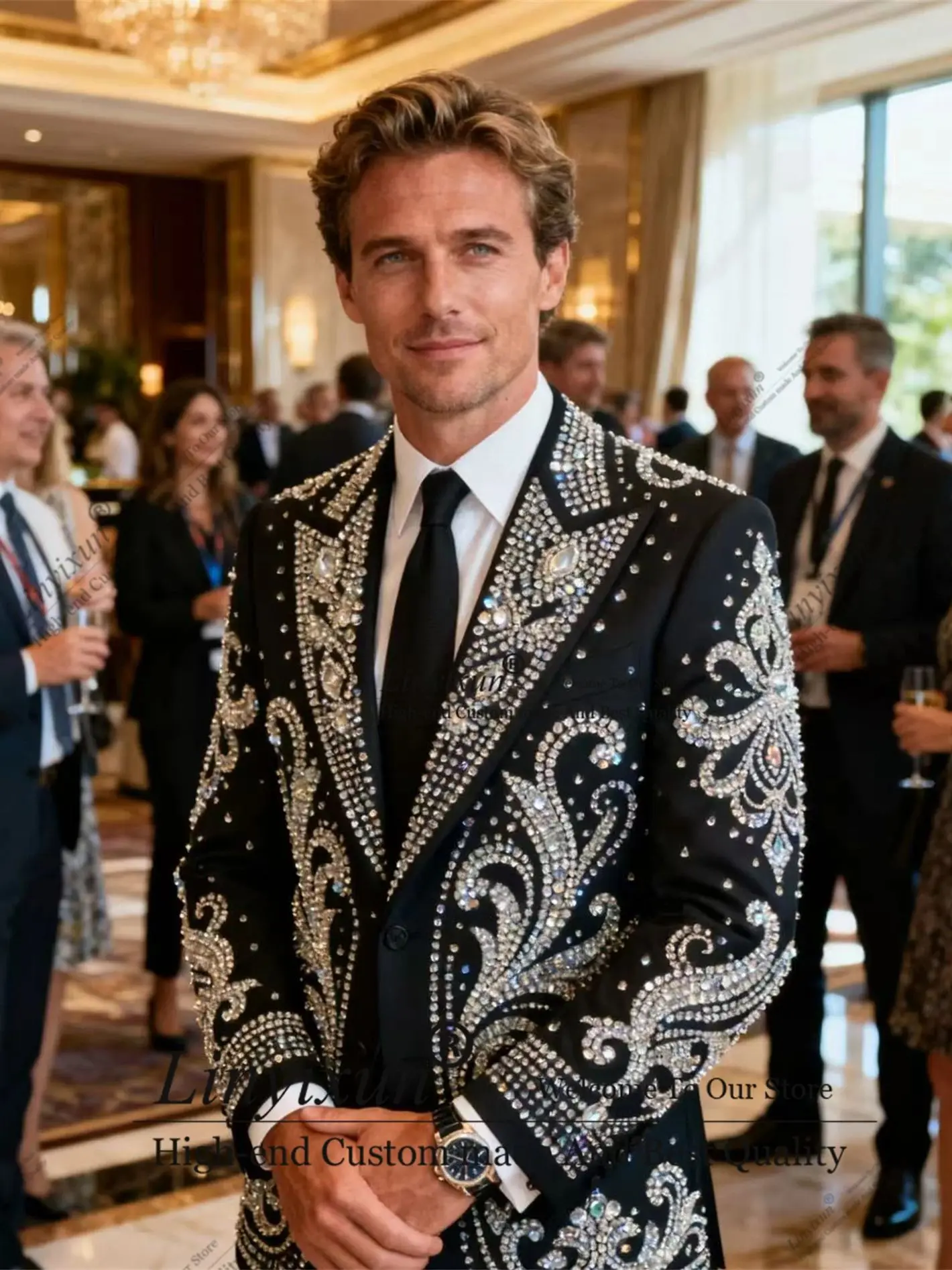 

Элегантные приталенные мужские костюмы по индивидуальному заказу со стразами и бисером Свадебные смокинги Slim Fit Ropa hombre Комплекты из 2 предметов Жених Мужские блейзеры