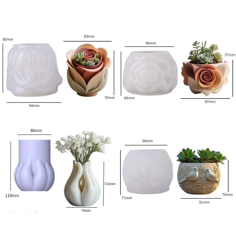 

4pcs Rose Silicone Mold for DIY Epoxy Resin Planter, Candle Holder & Vase - Cement Gypsum Craft Supplies