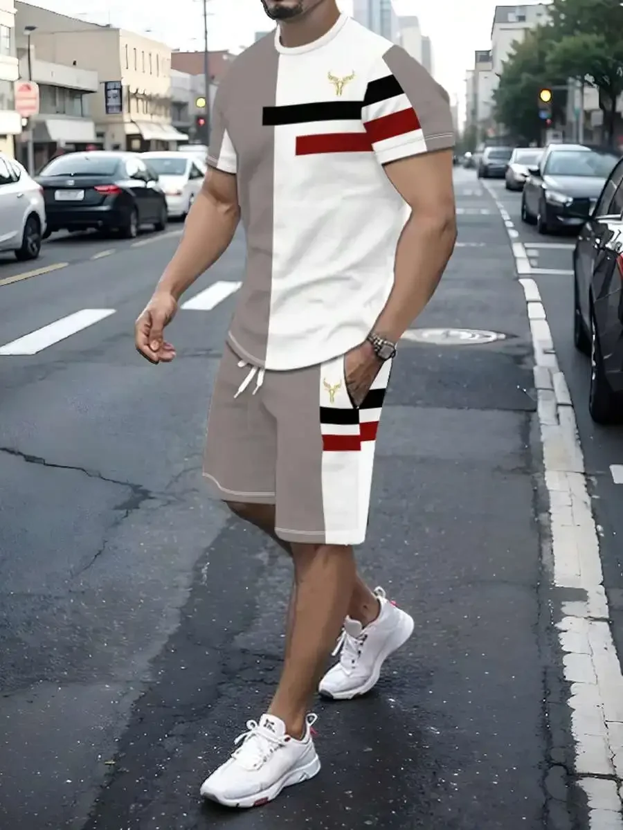 

Mens Casual Geometric Patchwork T-Shirt And Shorts Set Regular Fit Streetwear Summer Outfit