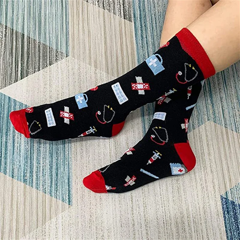 

Unisex Cartoon Hospital Appliance Cotton Socks Funny Stethoscope Heart Coffee Medicine Print Doctor Nurse Tube Hosiery For Women