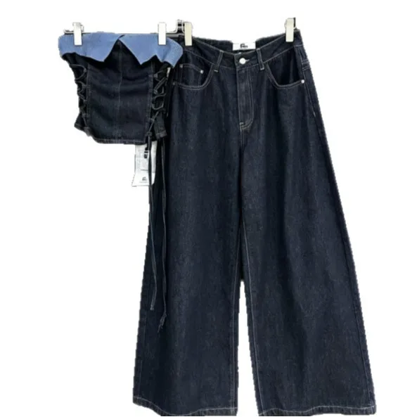Wide Leg High Waist Pants Full Length Streetwear with Tie Detail Summer Cross Tie Minimalist Panelled No Stretch Women Sets