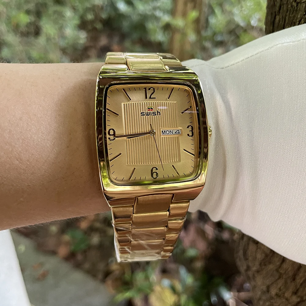 SWISH Rose Gold Square Watch for Men Fashion Dress Luxury Calendar Date Thin 40mm Simple Wristwatch Folding Buckle