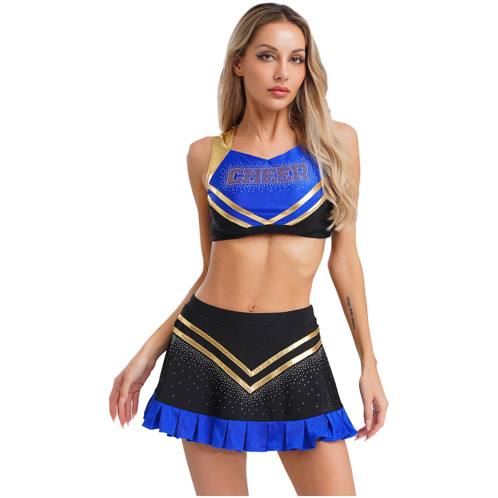 

Women Two Pieces Cheer Leader Uniform Halloween Costume Sequins Tank Top Crop Top with Ruffle Skirt Cheer Performance Outfit