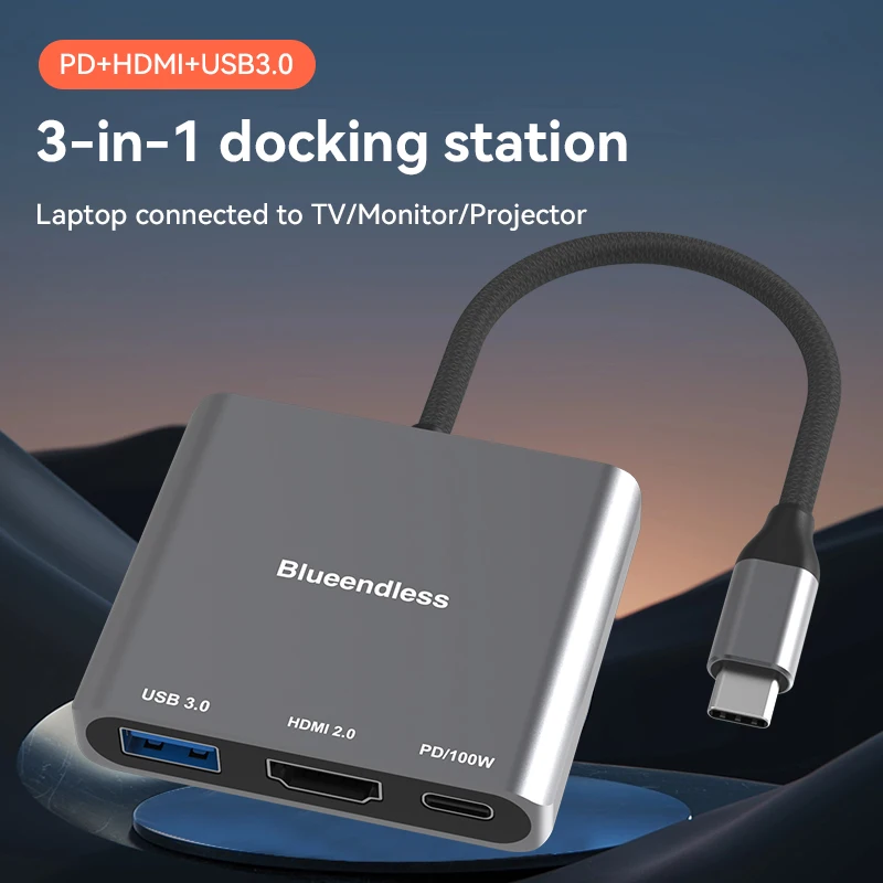 Blueendless Splitter 3 Port USB C HUB to Multi USB 3.0 HDMI 2.0 PD/100W Adapter For Laptop connected to TV/Monitor/Projector