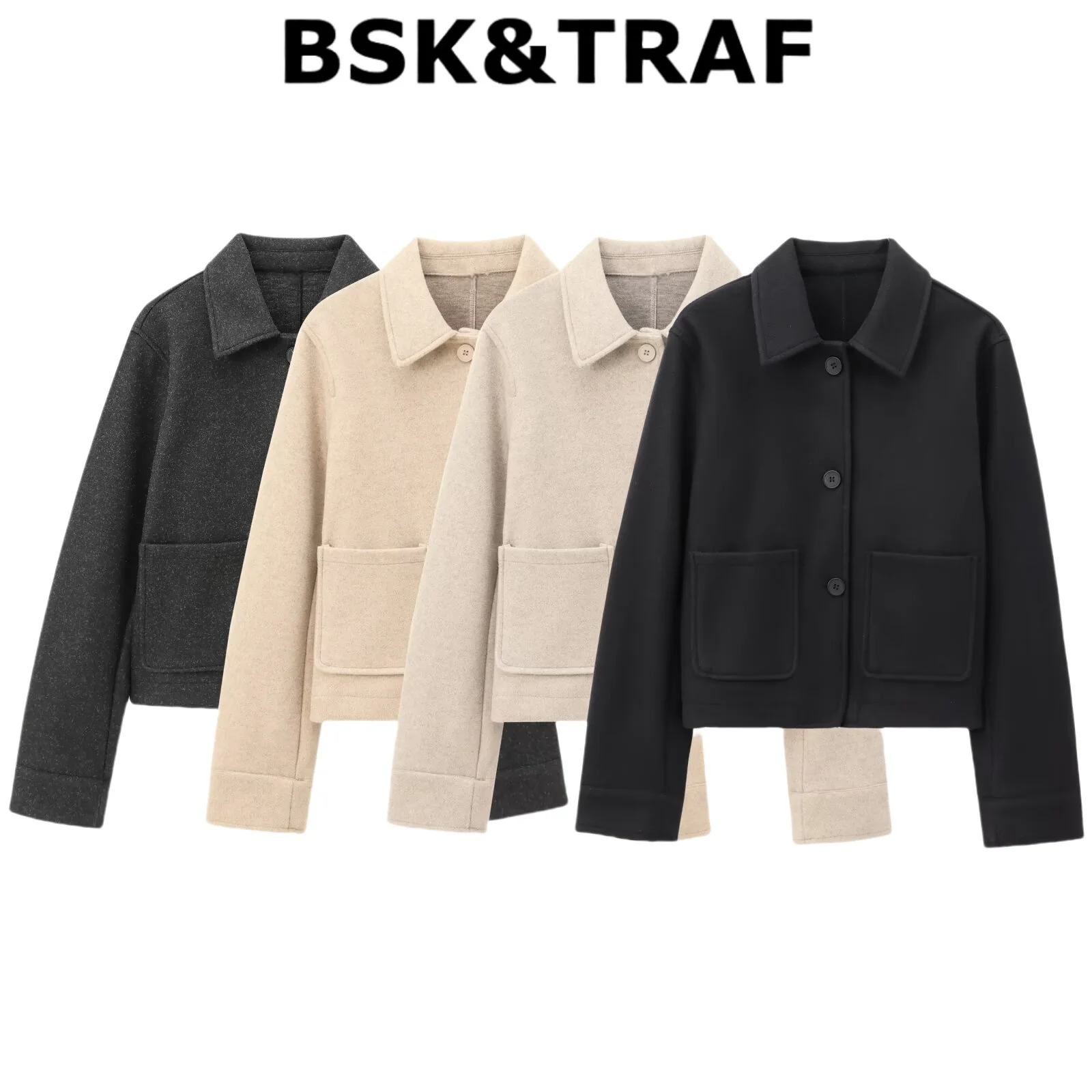 

BSK & TRAF 2024, осень/зима, новый продукт, женское универсальное пальто с карманами и мягким воротником, длинными рукавами