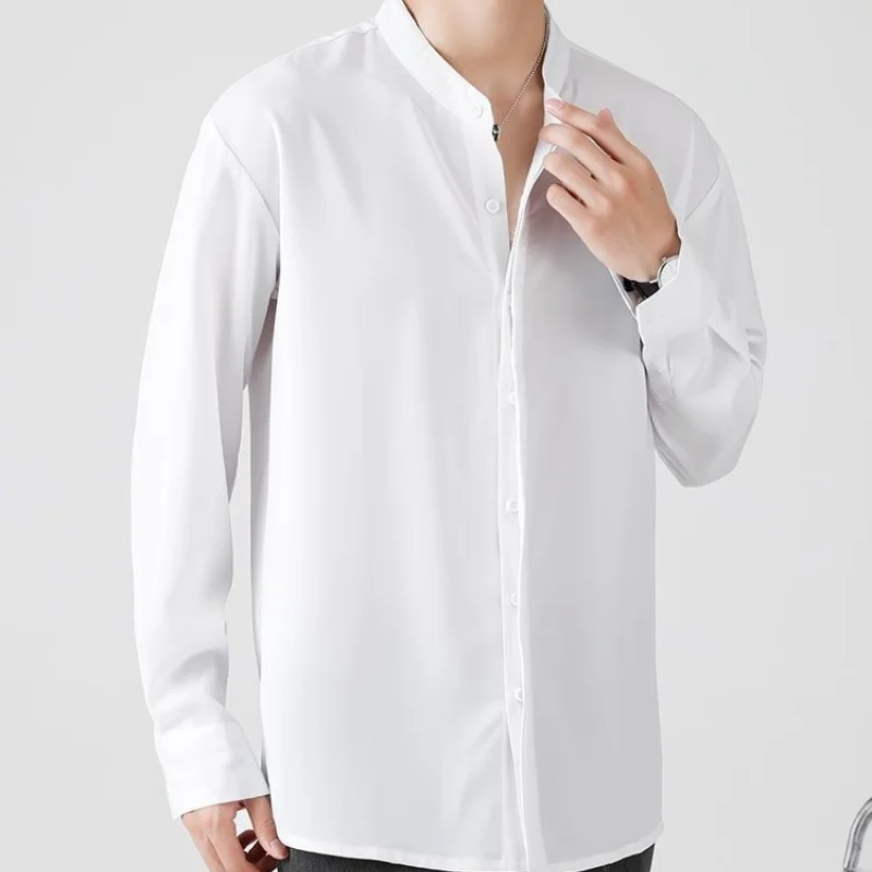 Spring and Autumn New Versatile Commuter Men's Clothing Spliced Buttons Standing Collar Simplicity Solid Color Long Sleeve Shirt