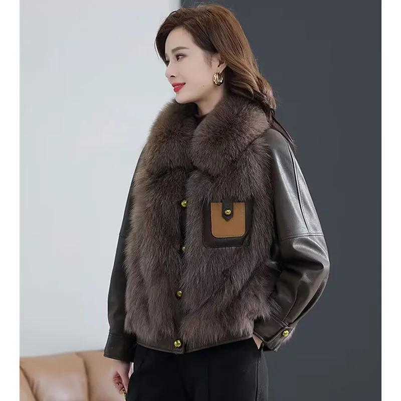 Ladies Long Sleeve Fox Fur Grass Coat 2024 Women Loose Faux Fur Jacket  Autumn Winter Female Large Size 4XL Pu Leather Outwear