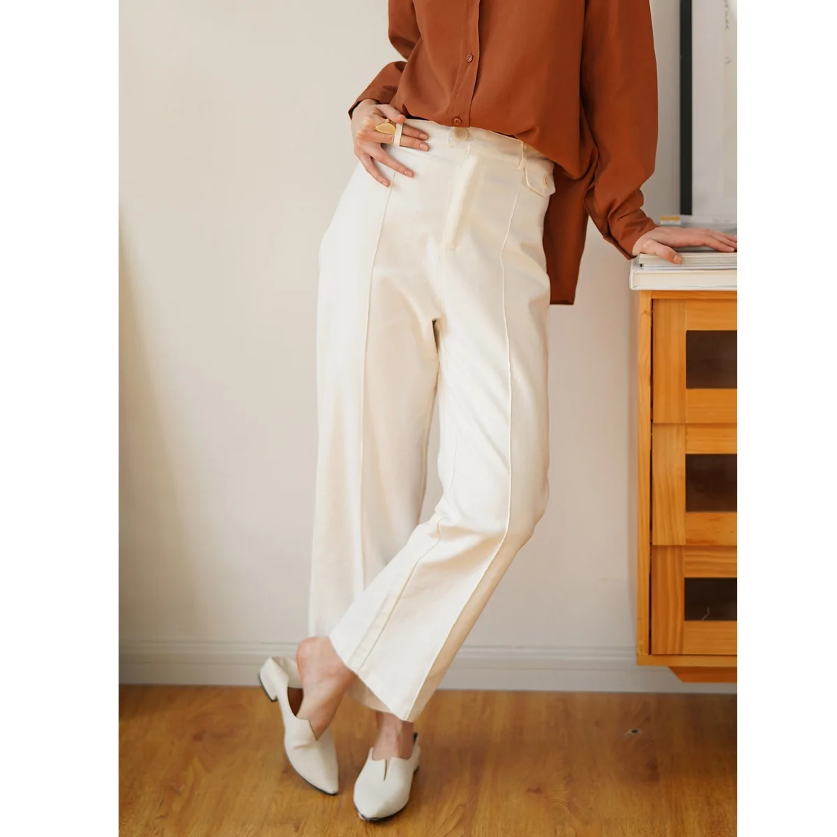 

PISN High Waist Cotton Feel Comfortable Casual Women's Straight Leg Loose Nine Point Pants Commute Sle Korean Version