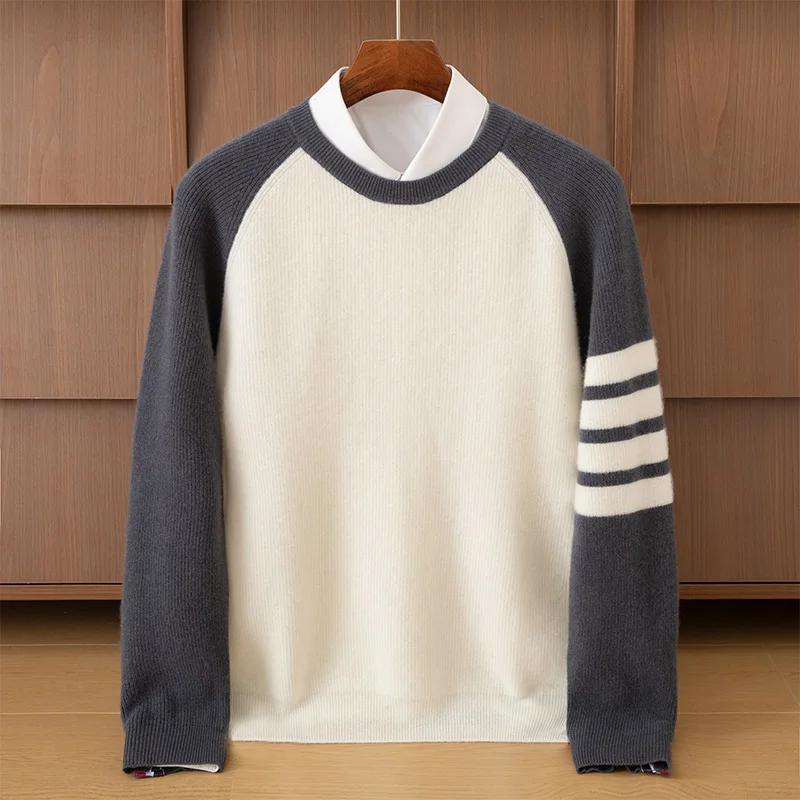 

Men's O-neck Color Blocked Pullover 100% Pure Cashmere Sweater Autumn Winter Loose Long Sleeve Jumper Cashmere Thickening Top