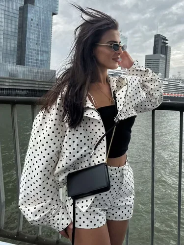 Imagen 2 del producto HH Chaqueta estampada de lunares a la moda para mujer, manga larga, cuello alto, cremallera con bolsillos, abrigos informales sueltos de otoño con cordón