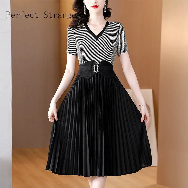 

2024 Vestidos Elegant Elasticity Chic Midi Pleated Belt Slim V-Neck Female Robe Women's Summer Lady Long Dresses High Quality