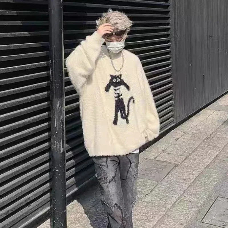 New Vintage Cartoon Cat Sweaters Men Autumn Japanese Harajuku Loose Pullover Street Y2k Trend Soft Glutinous Male Knitted Top