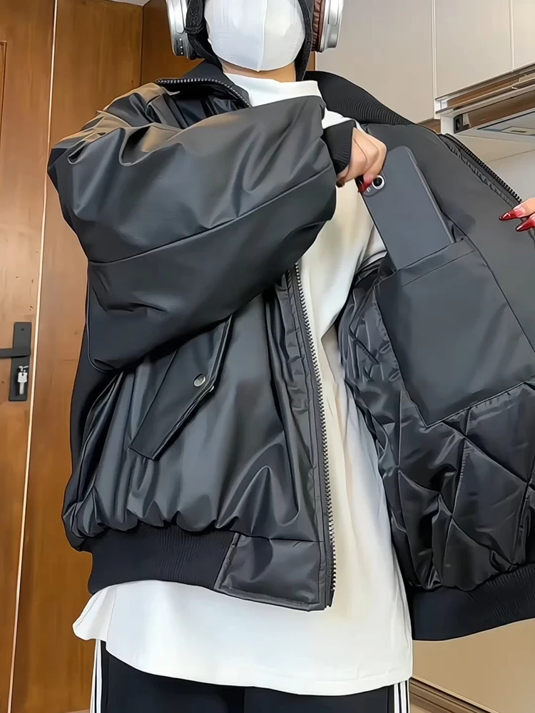 

American Sle Bomber Jaet Men's Thiened Winter Coat PU Leather Parka Motorcycle ort Warm Cotton Clothes Long Sve Zi...