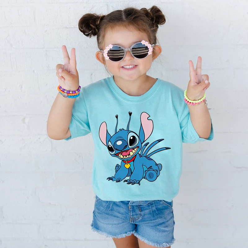 Stitch Bedrukt Kids T-Shirt Blauw Casual Tops Zomer Kinder Katoenen Korte Mouwen Geschikt Voor Jongens En Meisjes