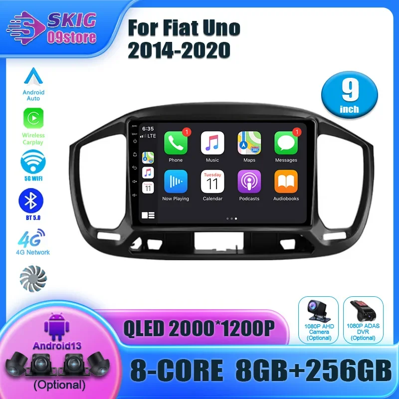 Autoradio Android 13 pour Fiat Uno (2014-2020), Carplay, lecteur vidéo, écran tactile, navigation GPS, caméra de recul