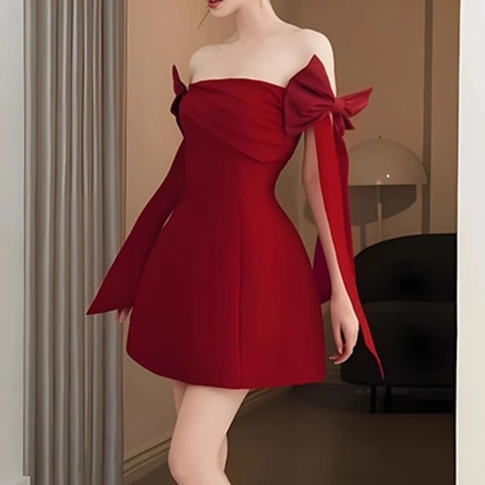 Twotwinstyle 赤痩身ソリッドちょう結びエレガントなドレス女性のためのスラッシュネック半袖パッチワークひだミニドレス女性